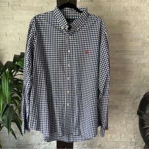 RALPH LAUREN Navy Blue White Check Cotton Poplin Long Sleeve Button Down XXL